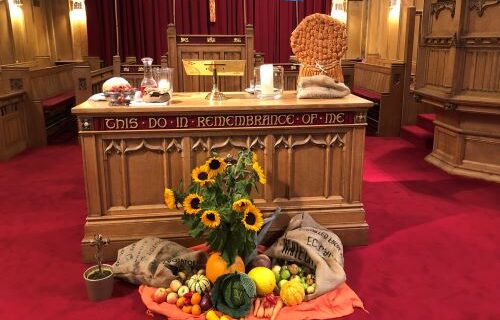 Harvest thanksgiving display in Greenbank Sanctuary