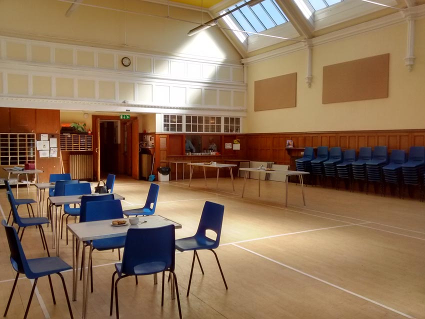 Main Hall: Looking north-east. Note the serving hatch in the corner, linking to an adjacent kitchen